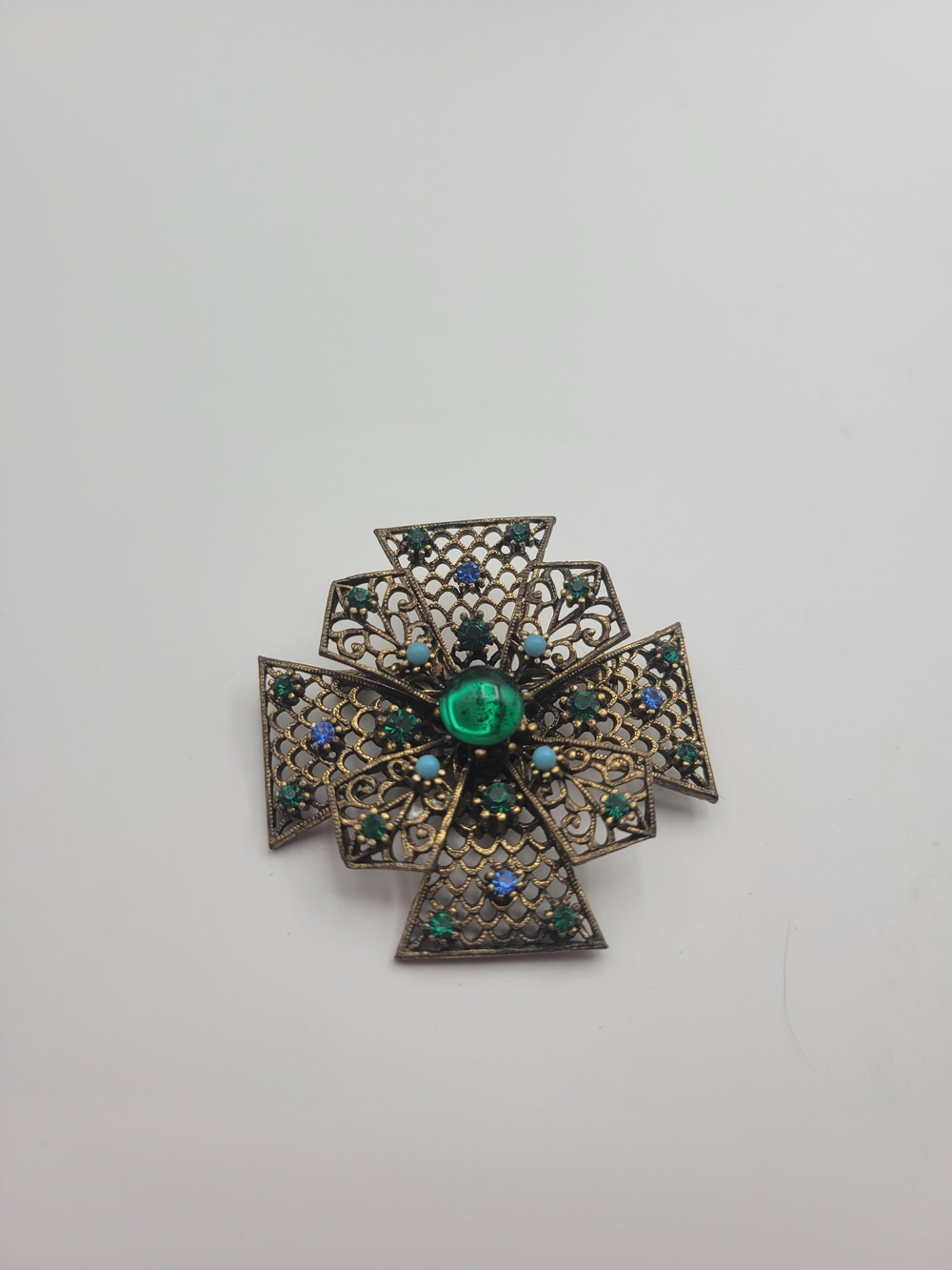 Vintage-Inspired JJ Green and Blue Filigree Cross Brooch